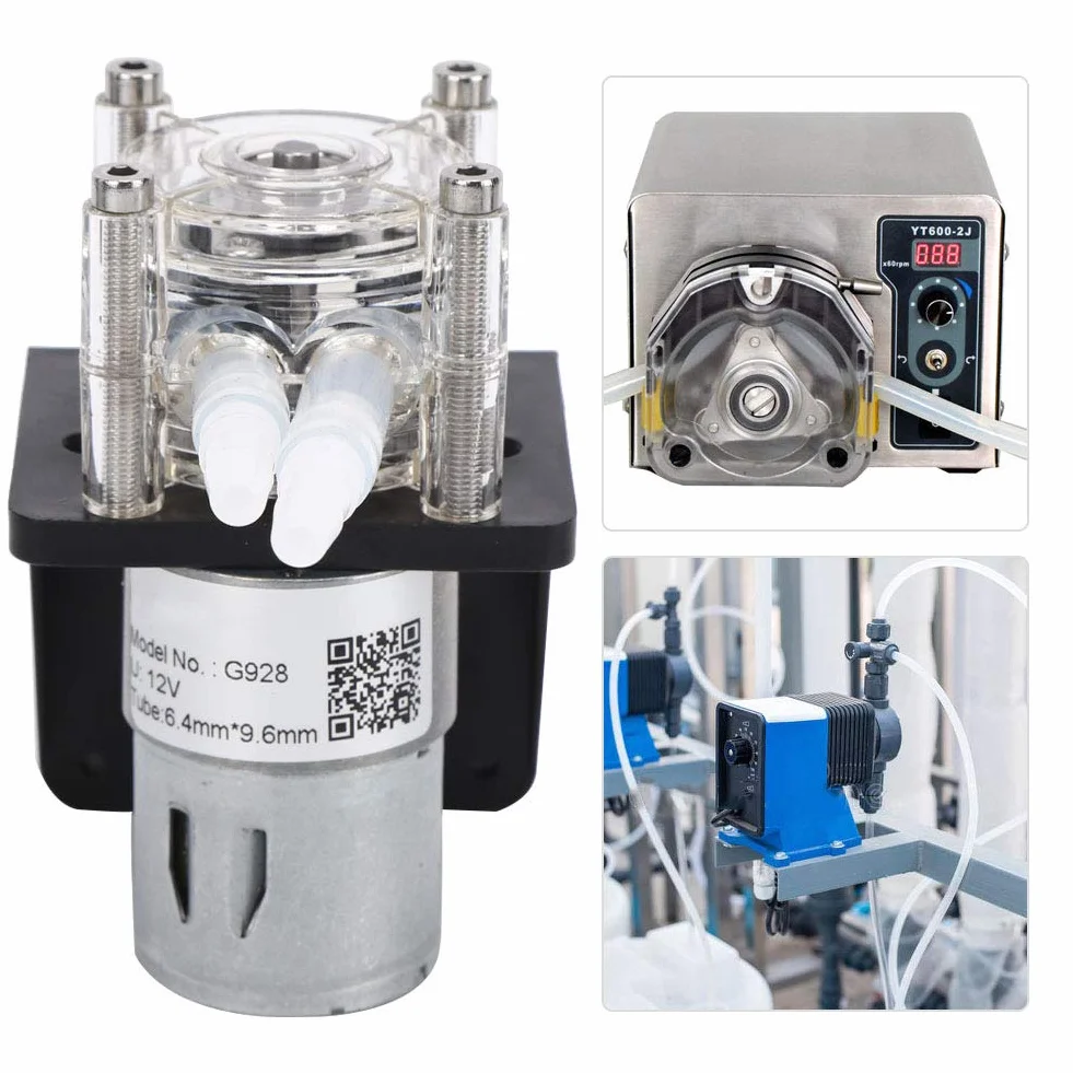 Bomba Peristáltica de Acero Inoxidable, 12V/24V DC, 500 ml/min, Cabezal Transparente PC, 3 Rodillos, con Bases y Conector, 12V