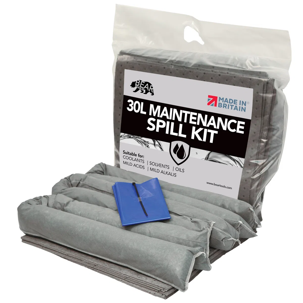 Kits de derrames de 30 l (30 L mantenimiento) fabricado en el Reino Unido gris absorbe aceite no agresivo y fluidos a base de agua para uso en interiores y exteriores diseño de kit superior de clip.