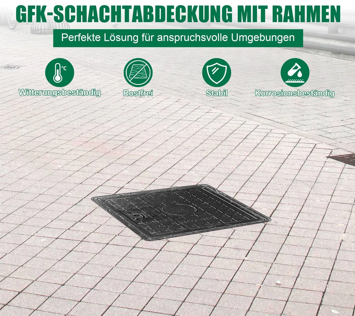 Tapa de pozo de fibra de vidrio con marco, asa 450x450 mm, A15, tapa de alcantarilla, tapa de pozo, conducto de inspección para acera, jardín, área verde, resistente a UV, resistente a las