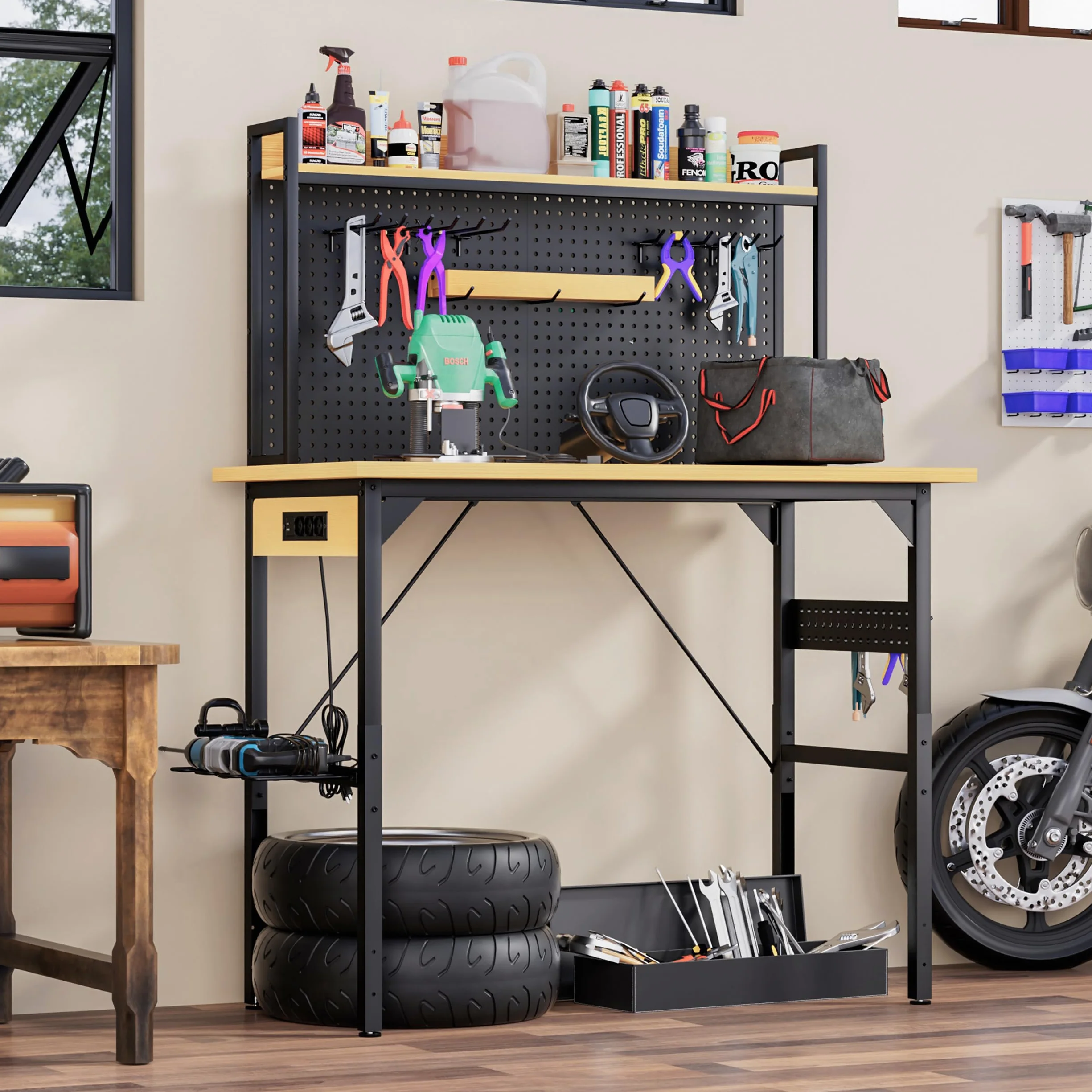 Banco de trabajo regulable en altura de 120 cm con pared perforada, banco de trabajo enrollable con ruedas, enchufes, USB y Type-C, mesa de taller con gancho y estante, banco de trabajo pesado para