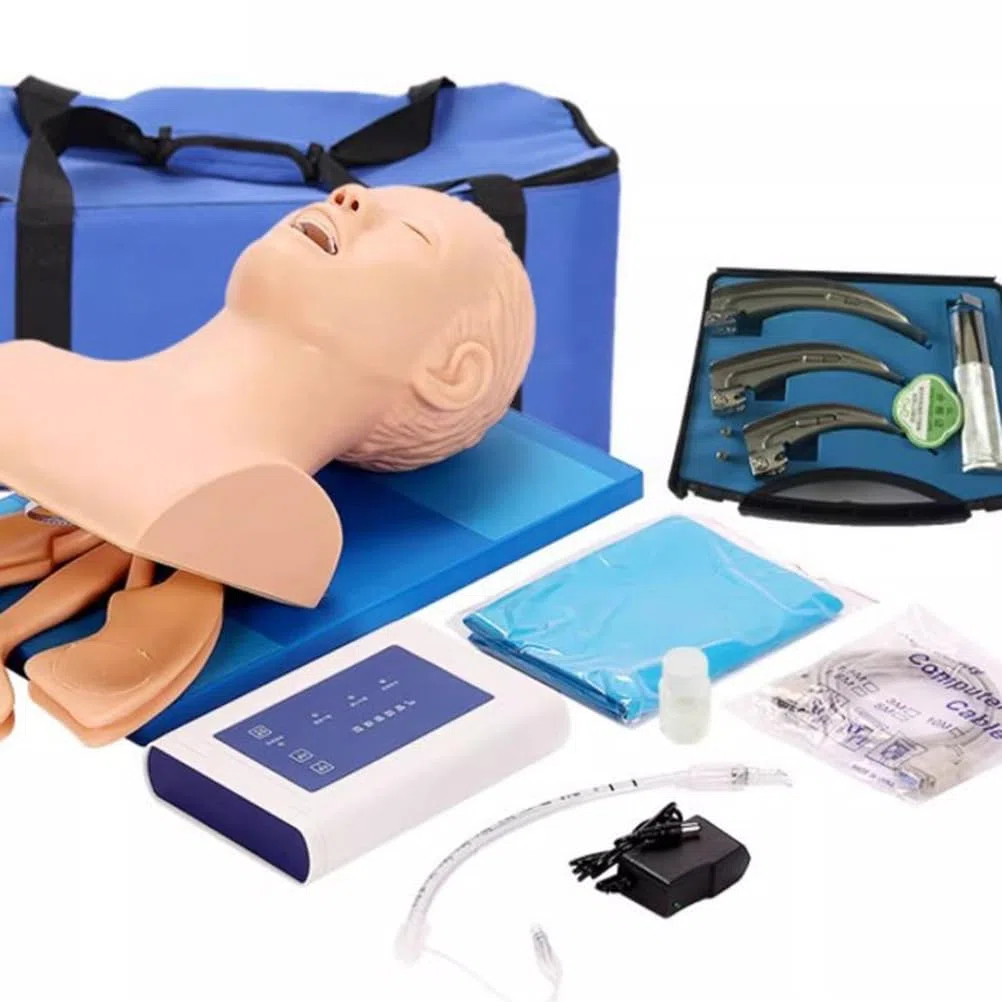 Modelo de intubación para Adultos con laringoscopio y Controlador para Entrenamiento Emergencia en manejo vía aérea orofaríngea, Modelo anatómico con Dientes y Alarma de presión, Modelo