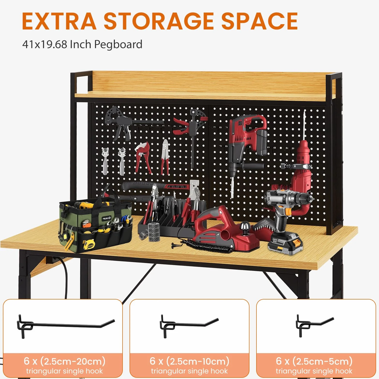 Banco de trabajo regulable en altura de 120 cm con pared perforada, banco de trabajo enrollable con ruedas, enchufes, USB y Type-C, mesa de taller con gancho y estante, banco de trabajo pesado para