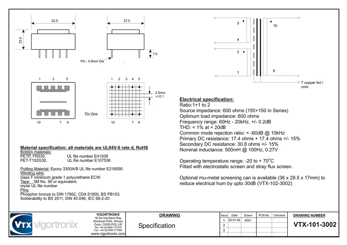 Relación de transformador de audio de baja impedancia 1: 1, 600 Ohm, VTX-102-3001