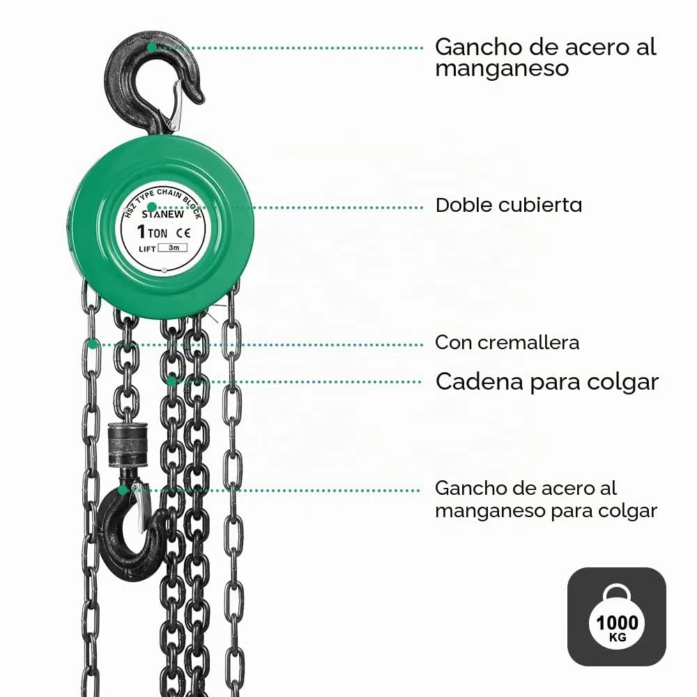 Polipasto de Cadena Manual con Gancho Resistente STANEW, Altura de Elevación 3,0 m, Verde, Doble Cadena de Carga, G80, Gancho de Elevación Con Seguridad (1 Tonelada 3,0 m)
