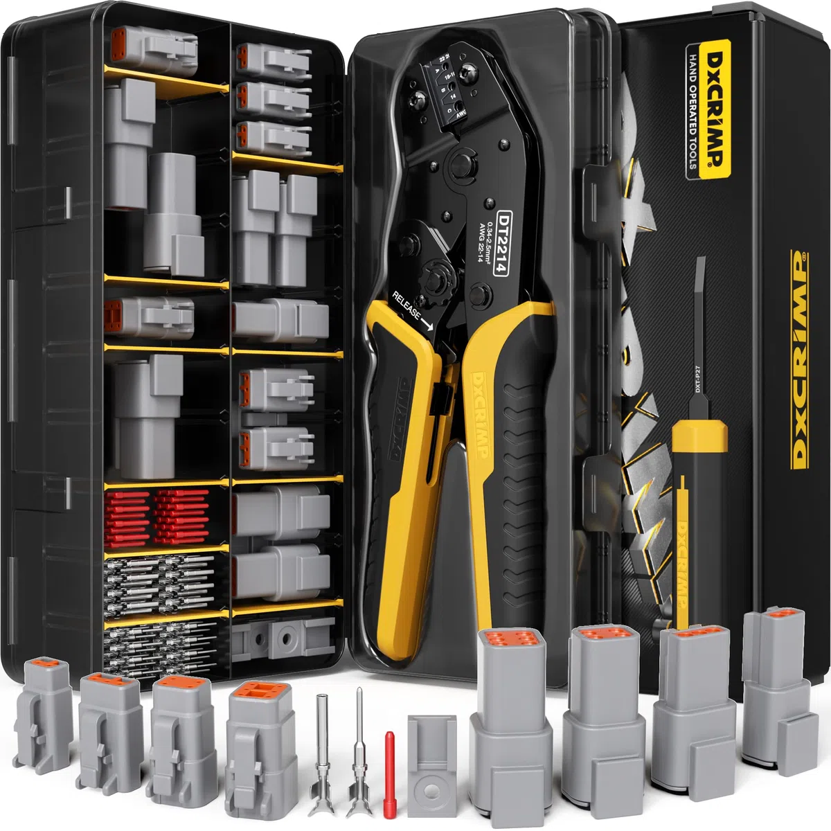 DxCRIMP Kit Crimpadora para Conectores Serie DTM, Conectores Impermeables 2/3/4/6 Pines, Contactos Estampados T20 (22-16AWG/0.34-1.5mm²), Trinquete Pelacables y Extractores, Compatible con Deutsch DTM
