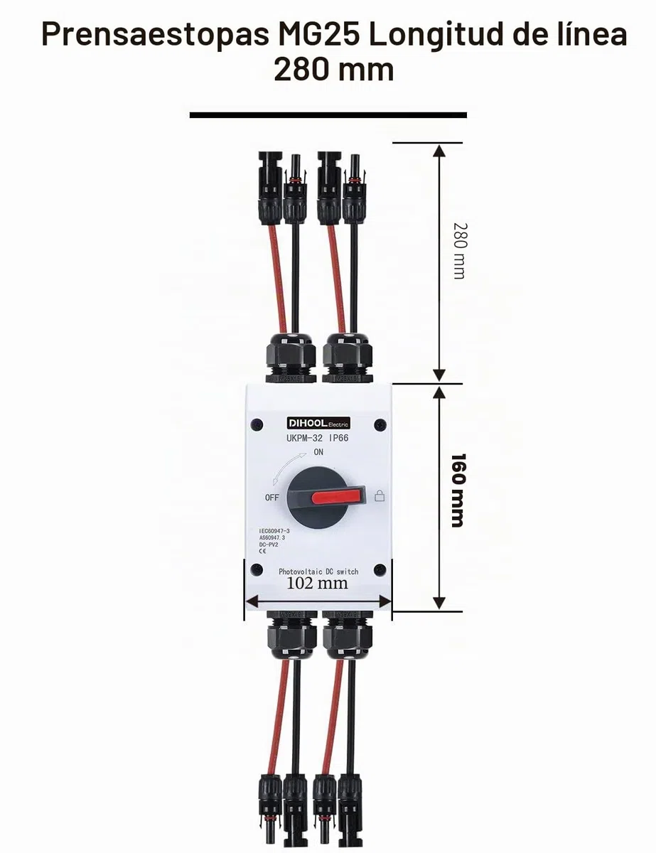 DIHOOL Interruptor de separación CC 2 cuerdas, sistema PV con caja de conexión generador, máquina de fusibles automática 32 A, IP66, interruptor solar, caja de conexiones