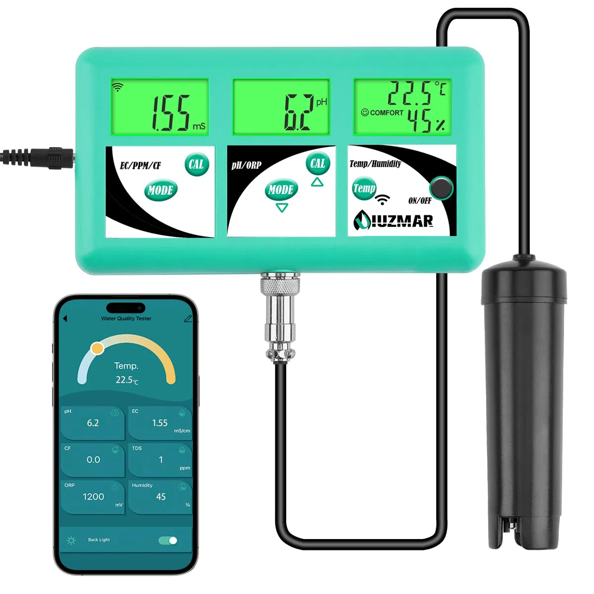 UIUZMAR Monitor de pH EC TDS Hidroponía, WiFi Controla el pH EC PPM 500 PPM 700 CF Temp y Humedad del Aire de Solución Nutritiva Hidropónica, 7 en 1 Probador de Conductividad y pH