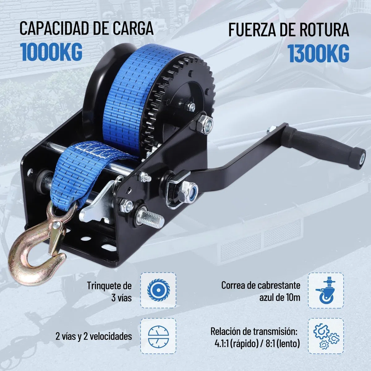 Pindex Cabrestante manual con correa de 10m, cabrestante manual de cuerda de 1000kg con banda de correa, cabrestante para barco, cabrestante de correa manual con freno antirretorno para taller, garaje