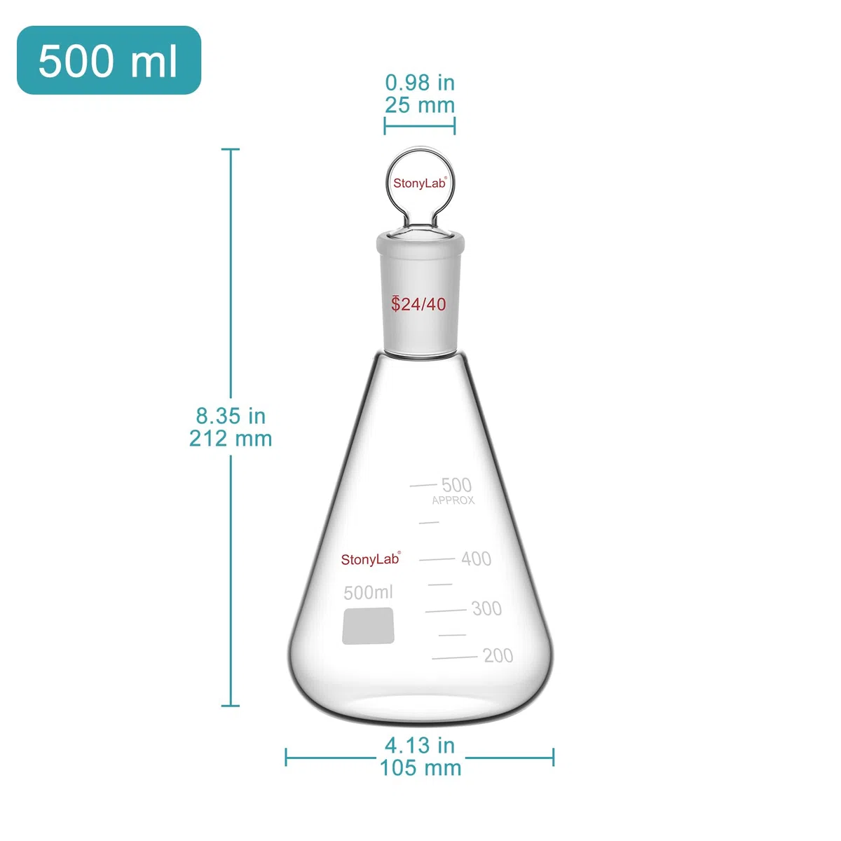 stonylab Matraz Erlenmeyer 24/40 de Vidrio con Tapón, 500 ml Frasco de Pared Gruesa de Vidrio Borosilicato con Junta Exterior Cónica Estándar 24/40 y Tapón de Vidrio