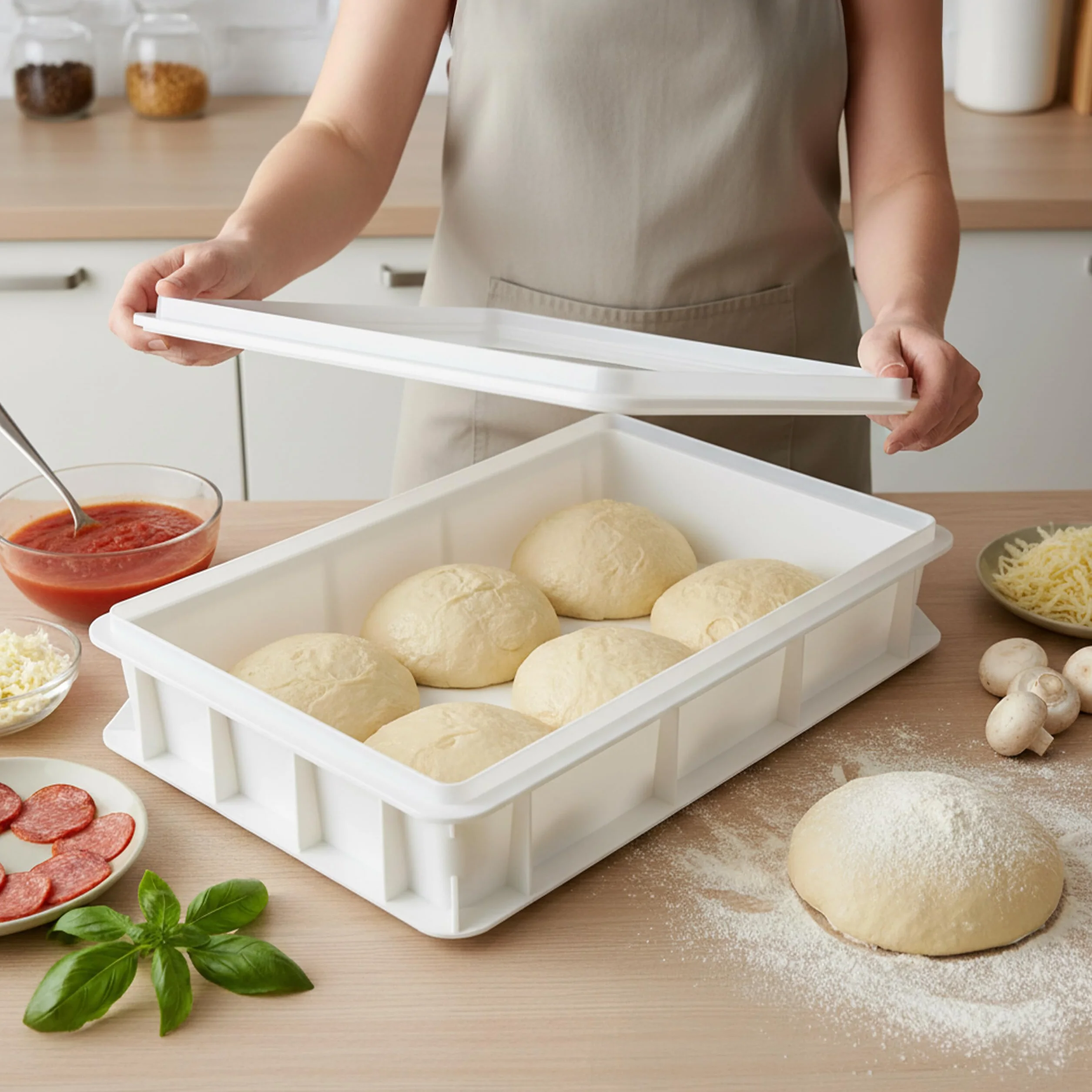 Relaxdays Caja apilable para Masa de Pizza con Tapa, espátula, 13x60x40 cm, PP, Blanca
