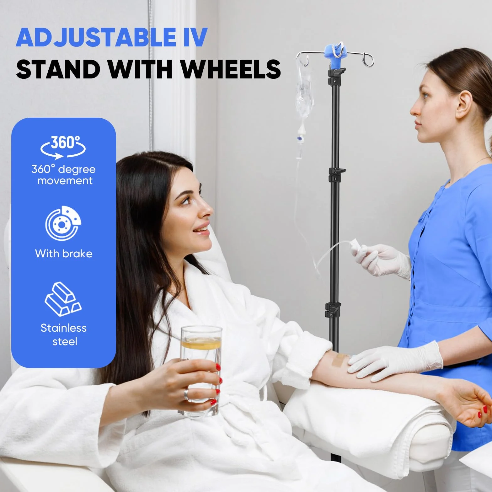 Soporte de infusión ajustable con ruedas, barra IV plegable, altura ajustable de 85 cm a 190 cm, escurridor con 4 ganchos, con trípode estable, para hospital y cuidado del hogar