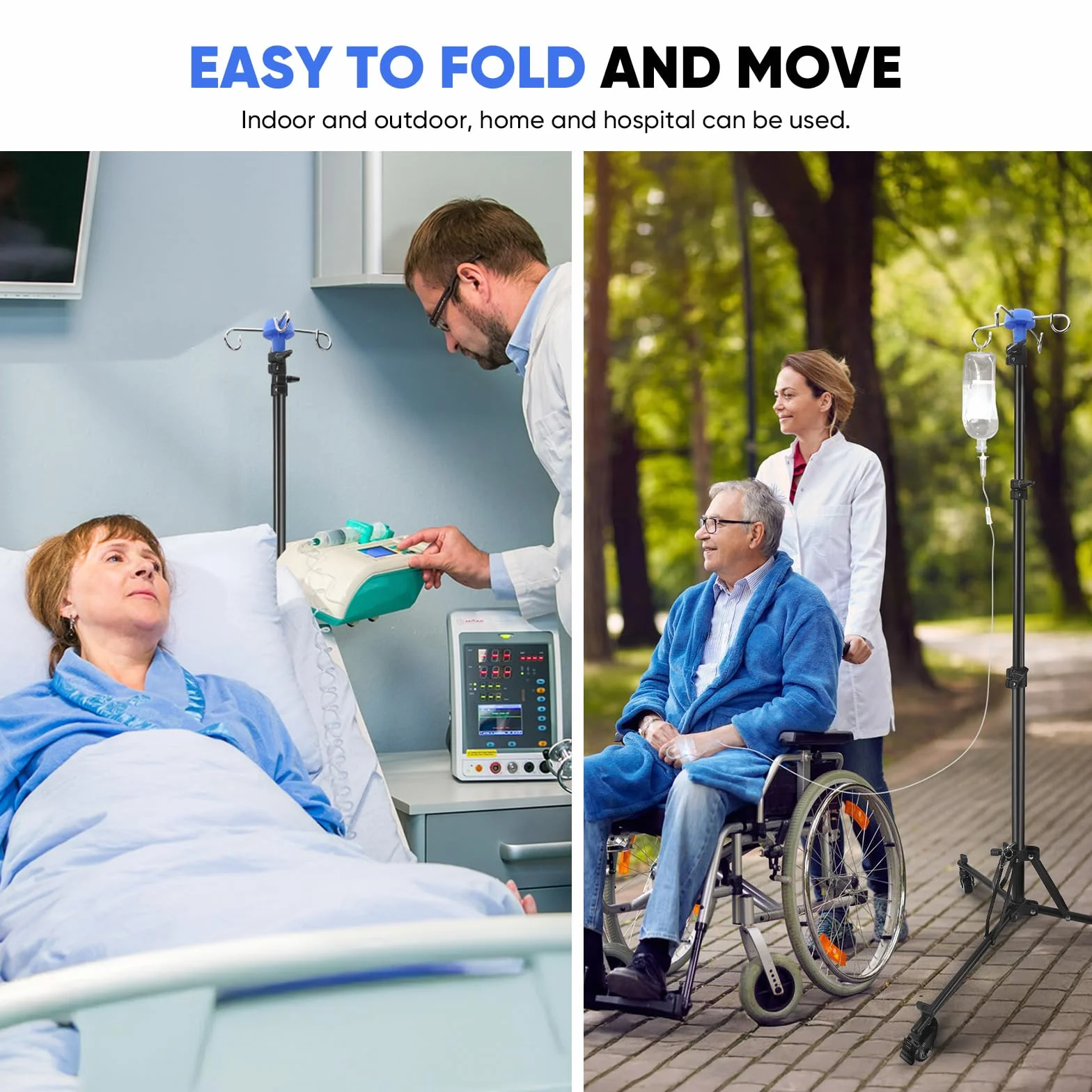Soporte de infusión ajustable con ruedas, barra IV plegable, altura ajustable de 85 cm a 190 cm, escurridor con 4 ganchos, con trípode estable, para hospital y cuidado del hogar