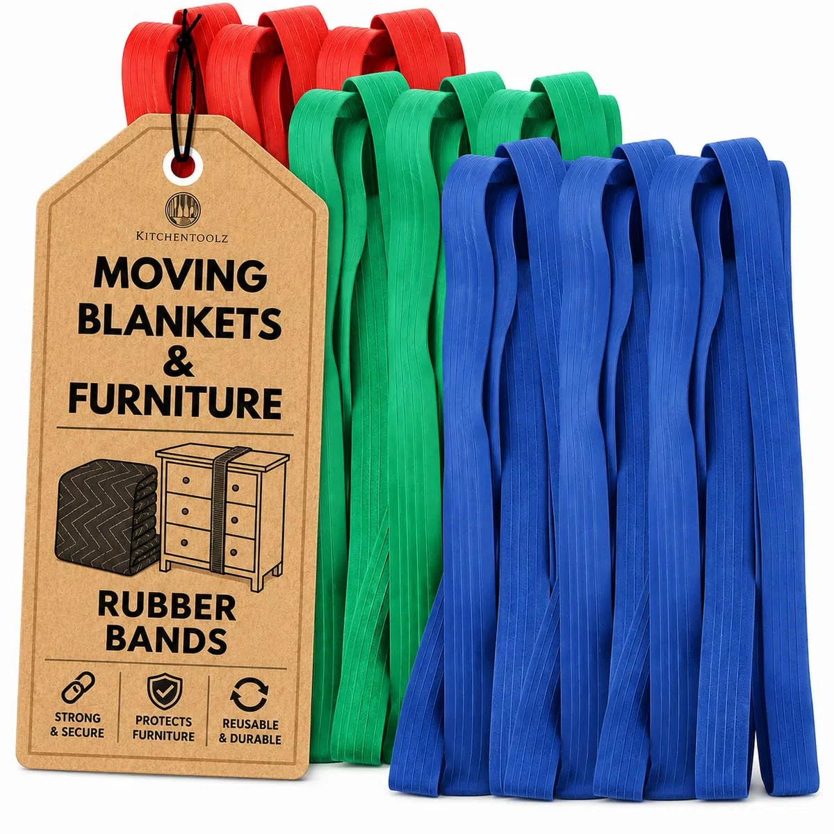 kitchentoolz Extra Grande Moving goma bandas- Variety Pack-12 42", 30" y 26" Bandas Mover Longitud Extra Strength-para las paletas y las mantas de mudanza
