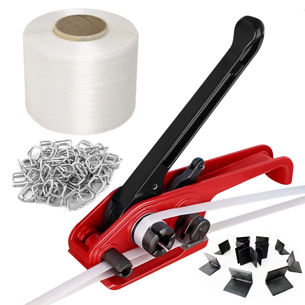 Juego de flejado manual, juego de dispositivo de flejado manual, juego de flejado con tensor (50 m de bandas flexibles de poliéster + 100 hebillas metálicas + 50 esquinas de embalaje)