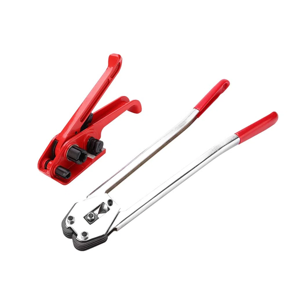 Tensor y sellador de correa de plástico PP/PET, 12 a 19 mm, juego de herramientas de sellado manual con cortador de ranura de corte, juego de correas de plástico manual de metal resistente para