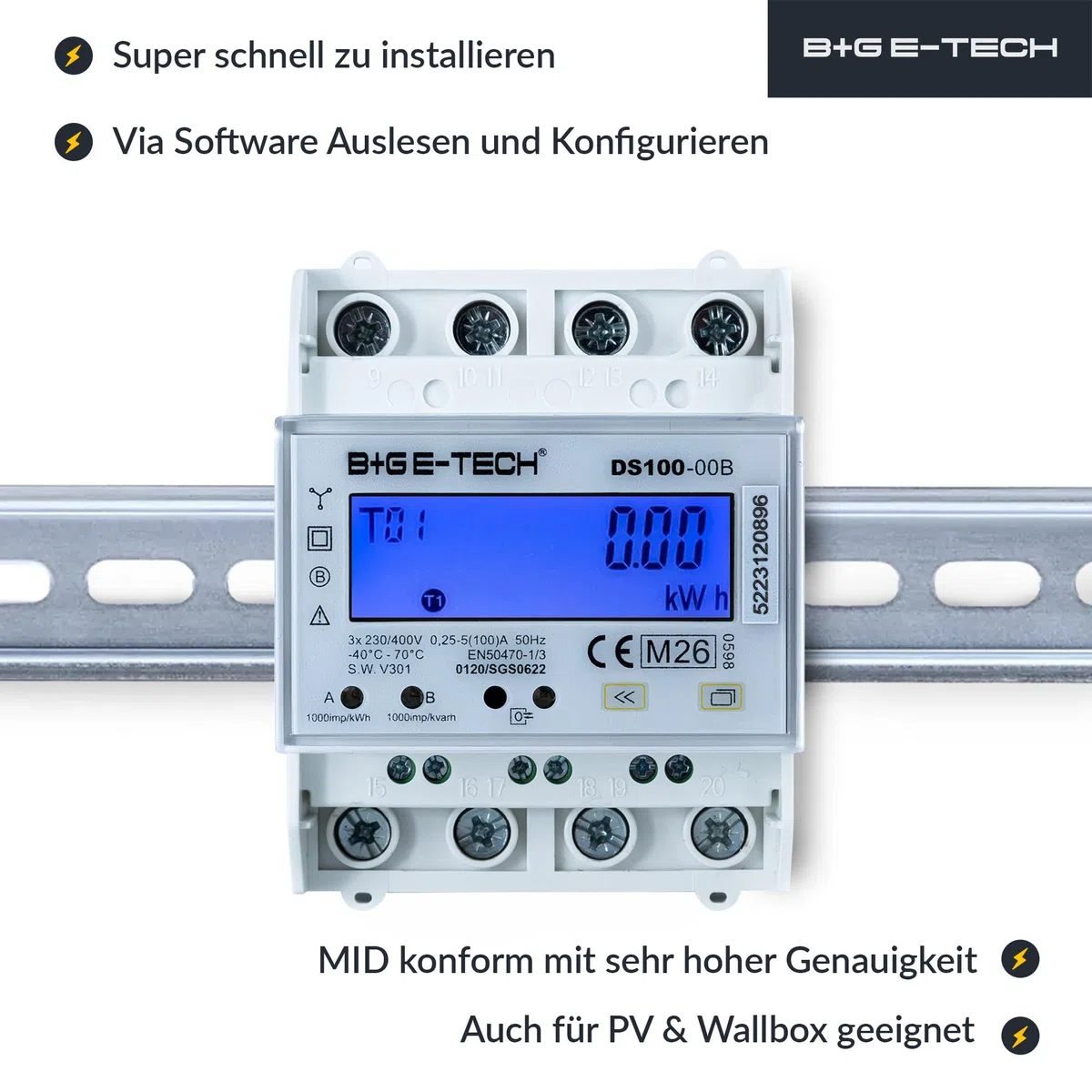 Contador trifásico [DS100-00B – MID 26] digital de 3 fases bidireccional para carril (4TE) con LCD, RS485 Modbus RTU y 2 x impulsos S0, calibrado MID, 100 A directo, contador de alimentación/vatímetro
