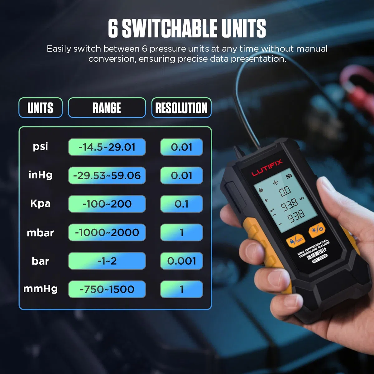 Manómetro digital de presión de aire -101-200 kPa, resolución de 0,1 kPa, probador de aire, 6 unidades, medidor de presión de aire HVAC de puerto doble diferencial, manómetro de presión diferencial