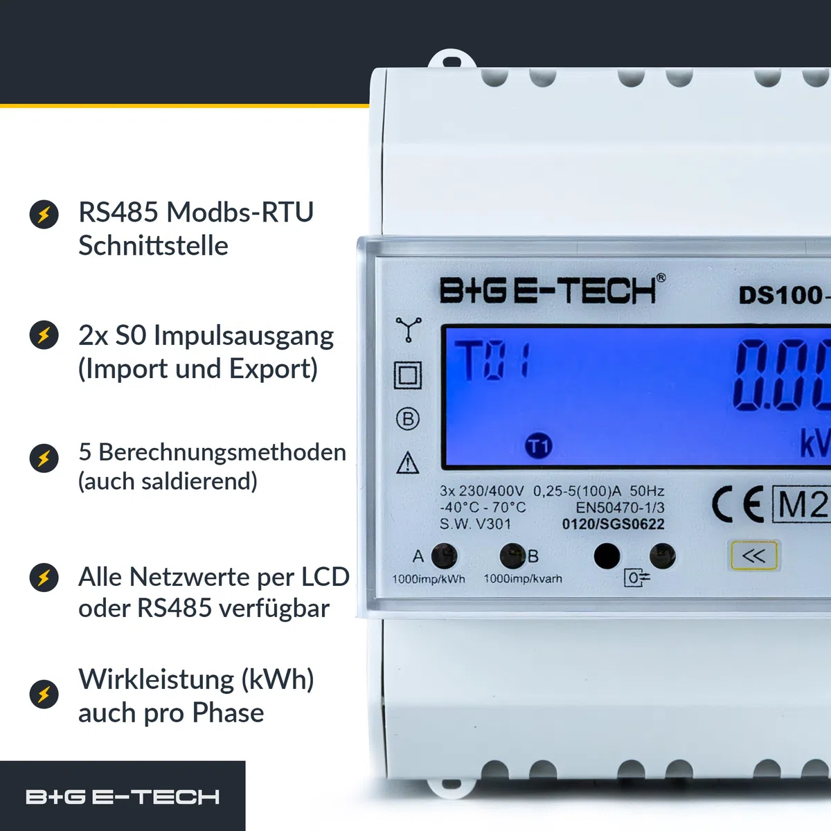 Contador trifásico [DS100-00B – MID 26] digital de 3 fases bidireccional para carril (4TE) con LCD, RS485 Modbus RTU y 2 x impulsos S0, calibrado MID, 100 A directo, contador de alimentación/vatímetro