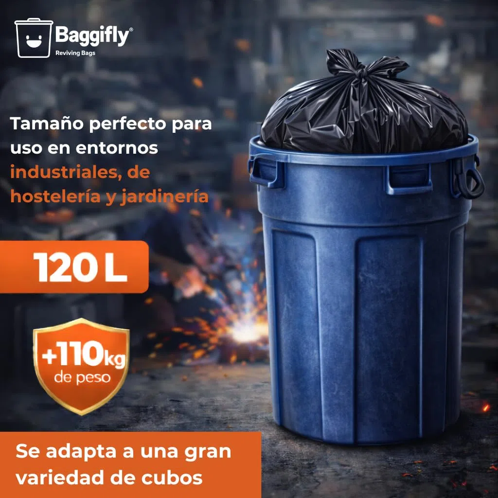 Baggifly, Bolsas de Basura 120L, 30 Bolsas Extra Resistentes, Más de 110kg, 100% reciclades, ECO Friendly, Uso Industrial, Jardín, Obra y Hostelería, Pack 3 x 10, Fabricado en España