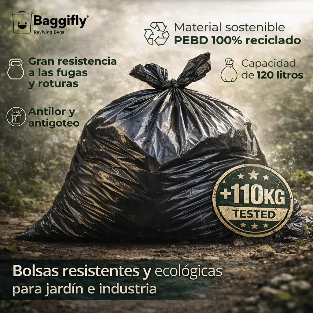 Baggifly, Bolsas de Basura 120L, 30 Bolsas Extra Resistentes, Más de 110kg, 100% reciclades, ECO Friendly, Uso Industrial, Jardín, Obra y Hostelería, Pack 3 x 10, Fabricado en España