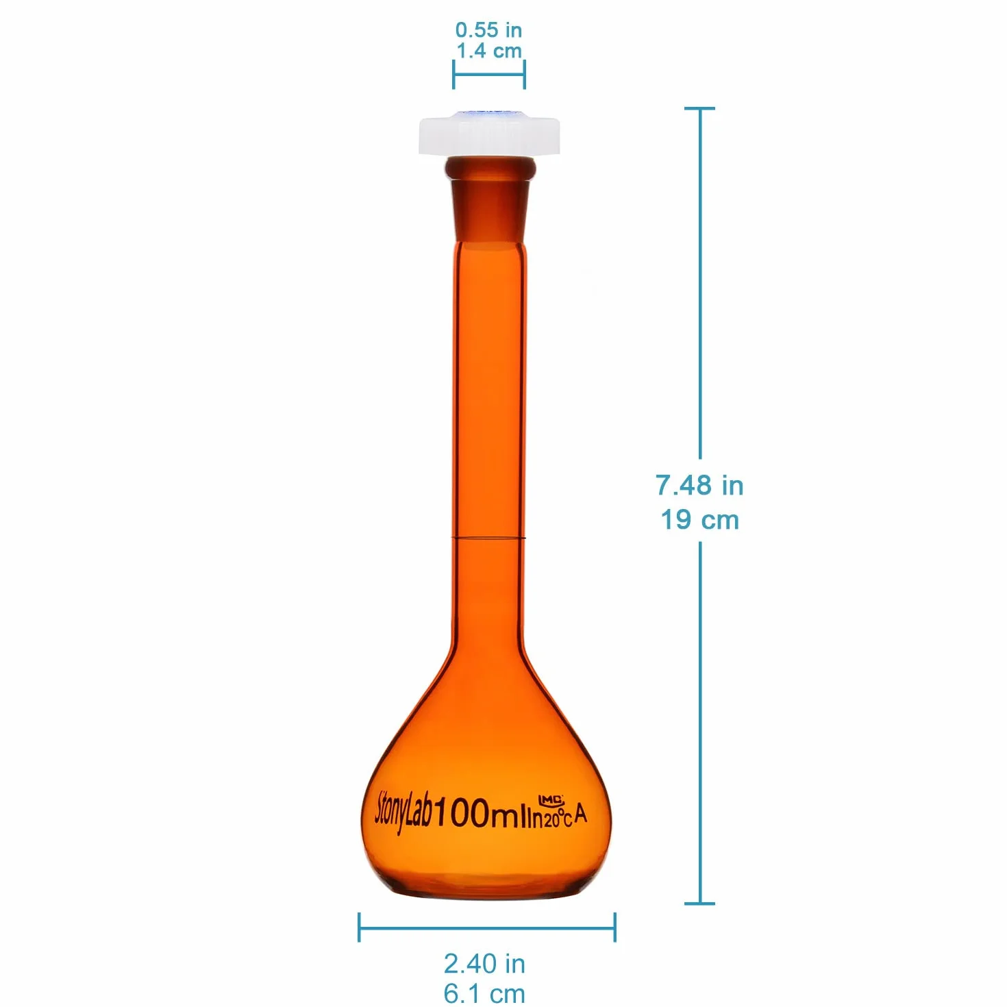 Matraz Volumétrico de Vidrio Clase A 100 ml, Borosilicato Ámbar con Tapón de Vidrio, Tolerancia ±0.10 ml