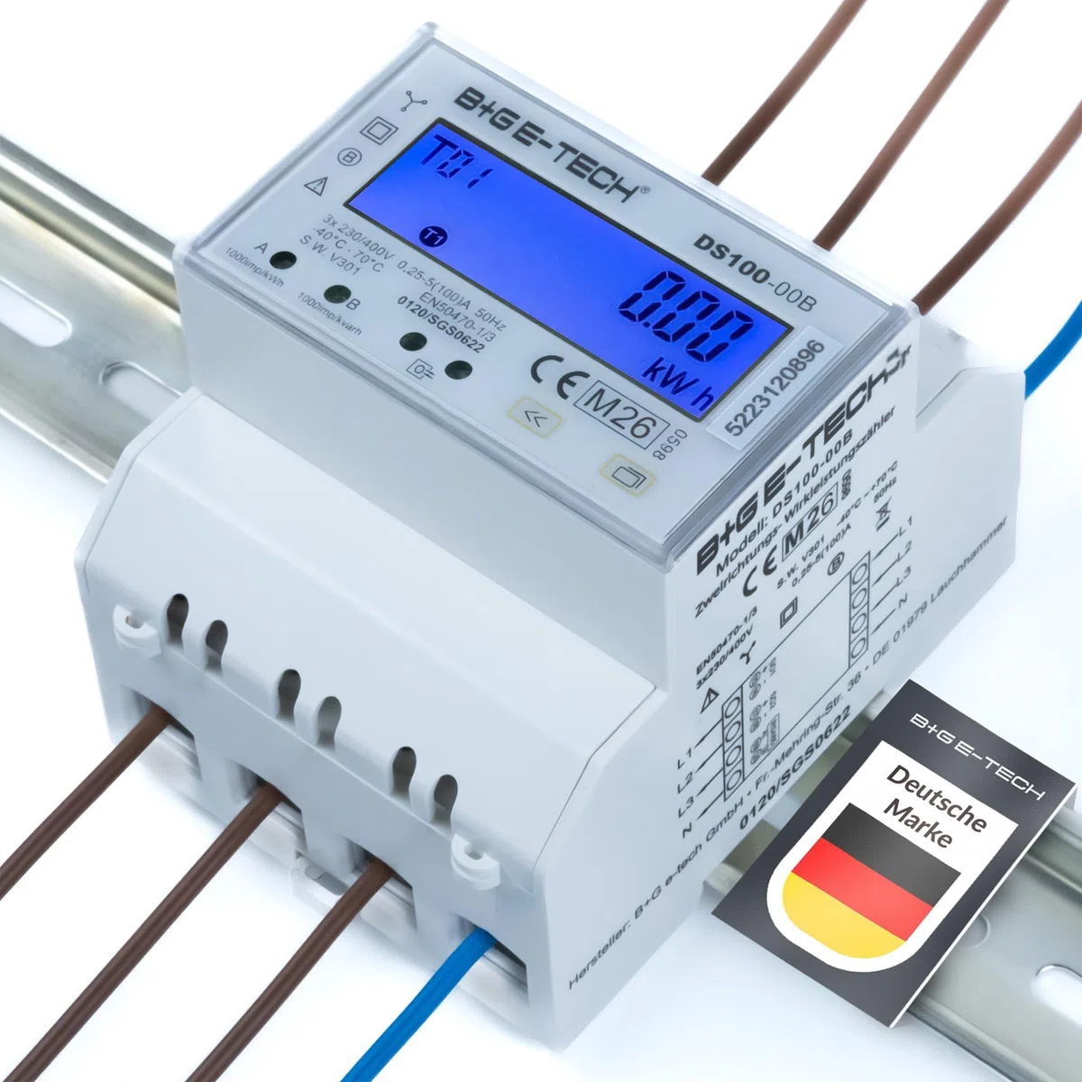 Contador trifásico [DS100-00B – MID 26] digital de 3 fases bidireccional para carril (4TE) con LCD, RS485 Modbus RTU y 2 x impulsos S0, calibrado MID, 100 A directo, contador de alimentación/vatímetro