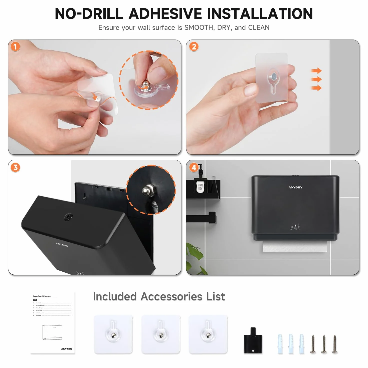 anydry 5101 Dispensador de Toallas de Mano Higiénico ABS Dispensador de Papel Toalla Comercial Montado en Pared Negro