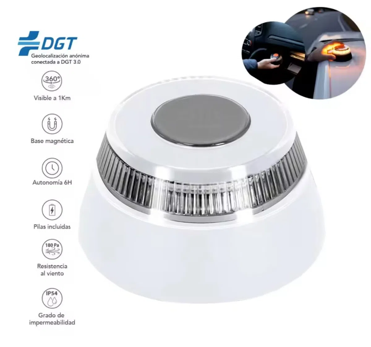 Baliza v16 geolocalizada homologada dgt 3.0,luz de Emergencia LED, Iluminación 360 Grados, valida hasta 2038 con app incluida,tarjeta SIM y datos incluidos más adaptador sustitución pilas conexión USB