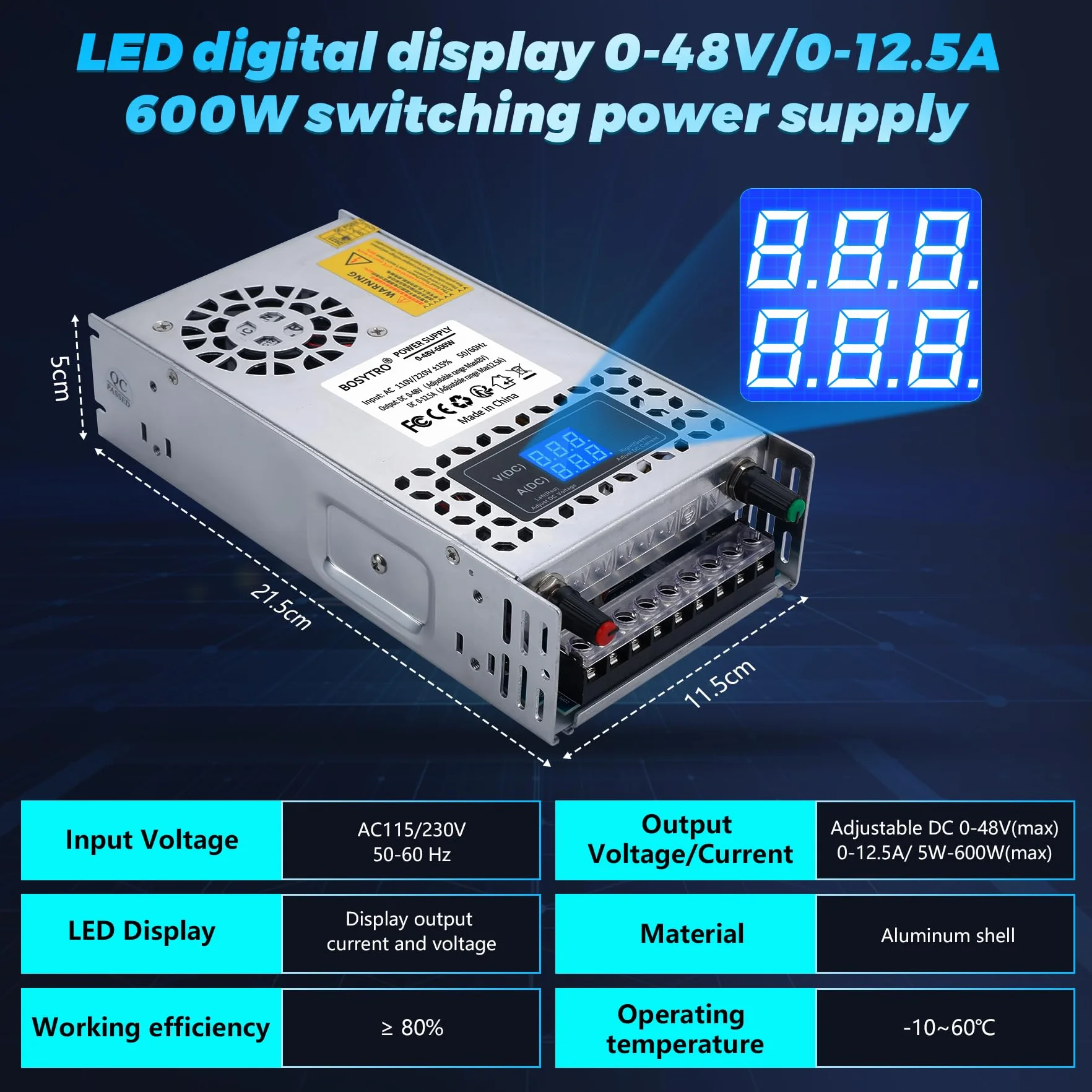 Fuente de Alimentacion Regulable AC110/220 to DC 0-48V 0-12.5A 600W Fuente de alimentación Universal Transformadores de Potencia,Para Automatización Industrial,Motor de control de velocidad
