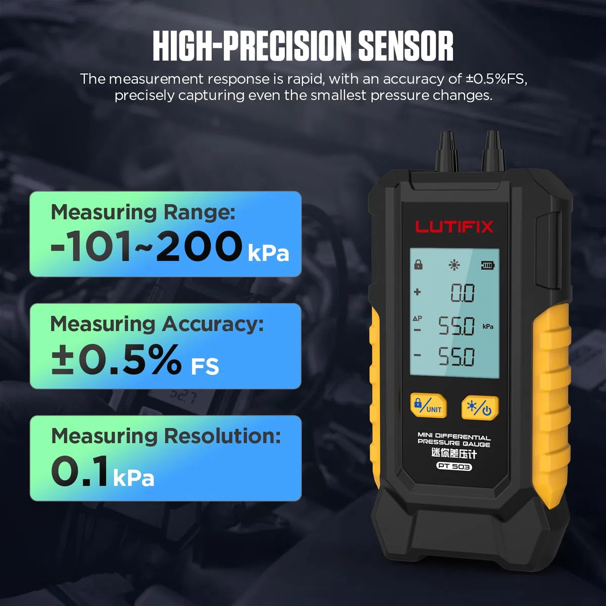 Manómetro digital de presión de aire -101-200 kPa, resolución de 0,1 kPa, probador de aire, 6 unidades, medidor de presión de aire HVAC de puerto doble diferencial, manómetro de presión diferencial