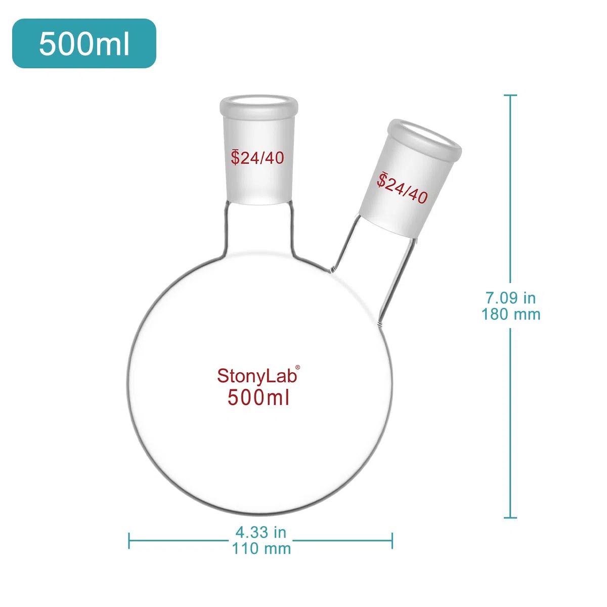 stonylab Dos-Cuello Balones de Destilación Redondo Frasco de Fondo de Borosilicato Vidrio RBF, con 24/40 Centro y Lado Cónicos Estándar Externo Joint, Round Bottom Lab Flask Boiling Flask, 500ml