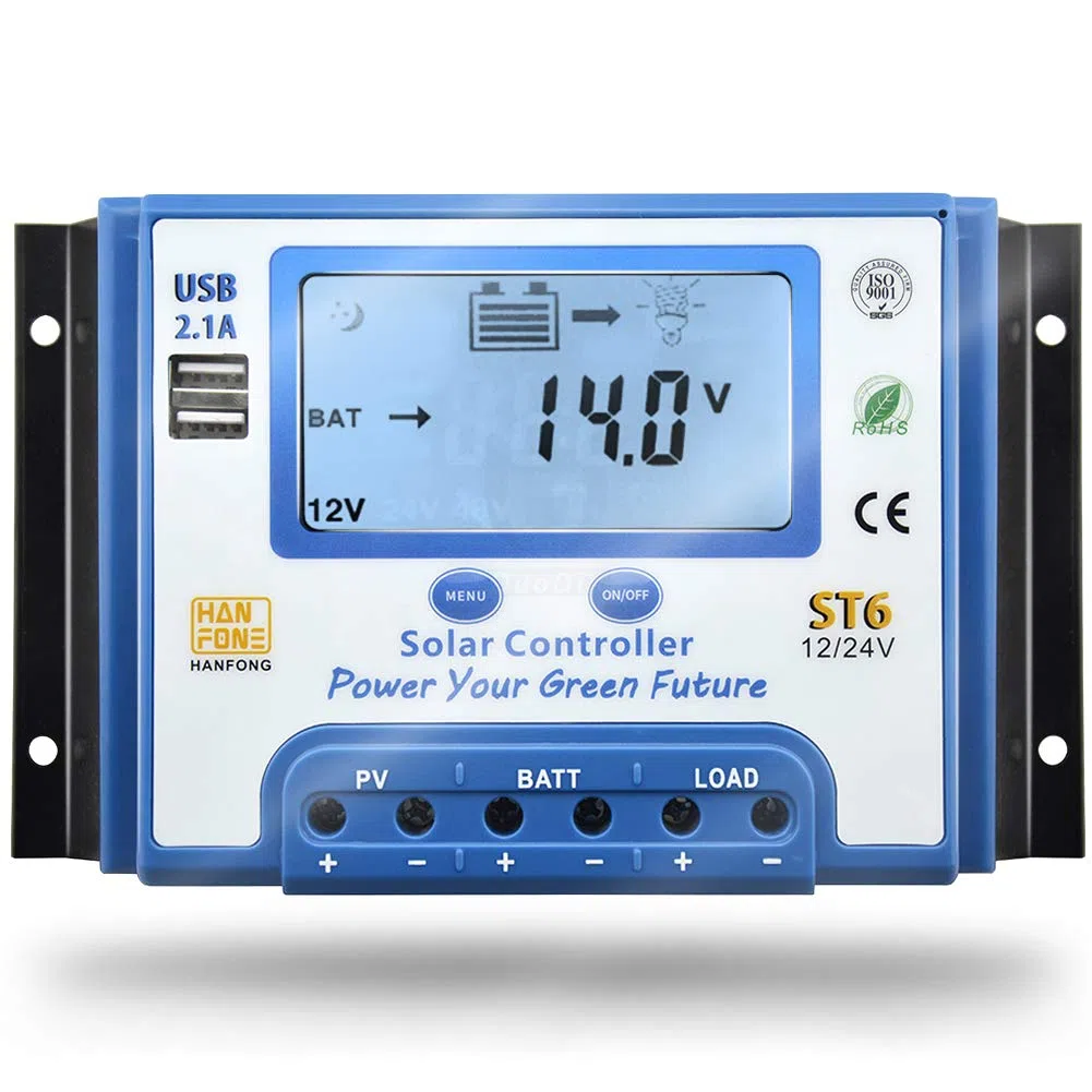 SolaMr 40A Controlador de Carga Solar 12V/24V Regulador Inteligente con Pantalla LCD y Doble Puerto USB para Batería de Panel Solar - ST6-40A