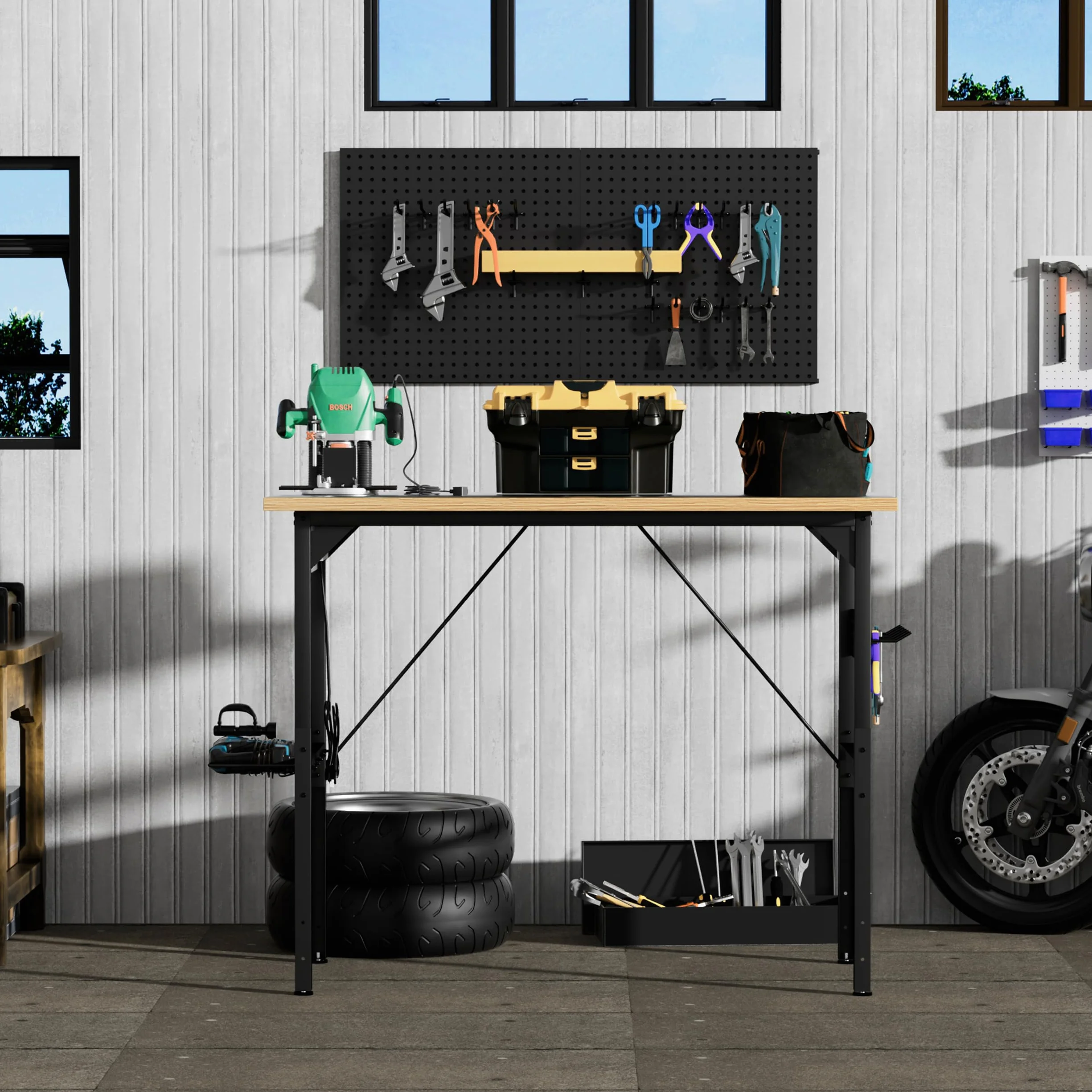 Banco de trabajo regulable en altura de 120 cm con pared perforada, banco de trabajo enrollable con ruedas, enchufes, USB y Type-C, mesa de taller con gancho y estante, banco de trabajo pesado para