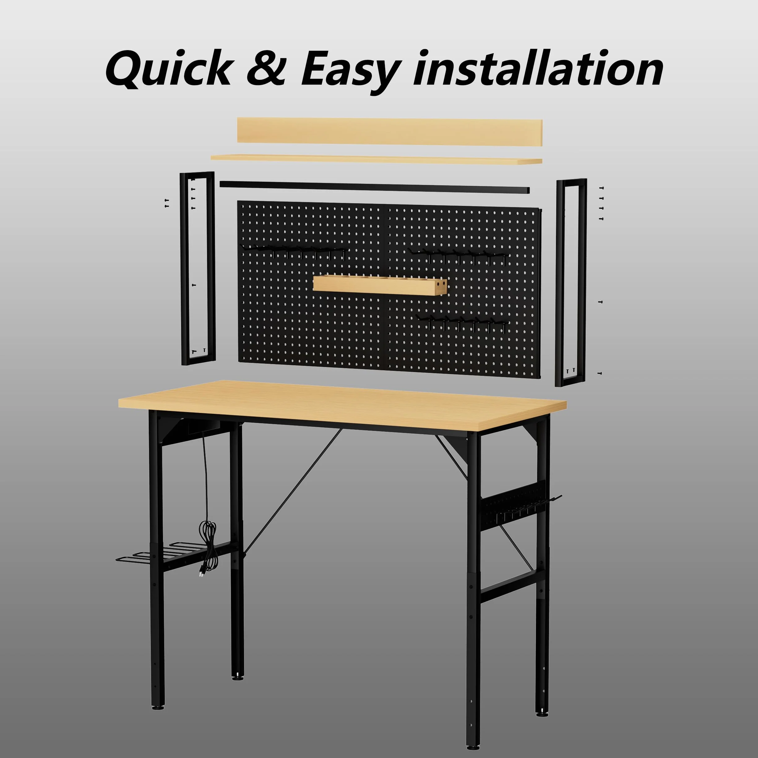 Banco de trabajo regulable en altura de 120 cm con pared perforada, banco de trabajo enrollable con ruedas, enchufes, USB y Type-C, mesa de taller con gancho y estante, banco de trabajo pesado para