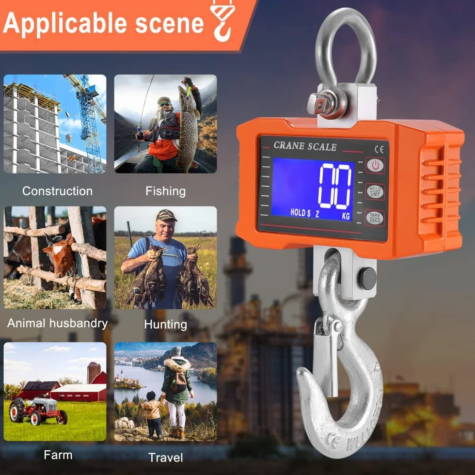 Industrial Pesado Escala Colgante 1000kg para Trabajo Pesado Báscula de grúa Digital con Mando a Distancia Recargable Báscula Colgante electrónica de Alta precisión de 1T