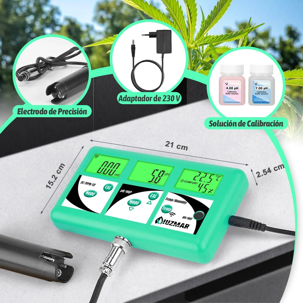 UIUZMAR Monitor de pH EC TDS Hidroponía, WiFi Controla el pH EC PPM 500 PPM 700 CF Temp y Humedad del Aire de Solución Nutritiva Hidropónica, 7 en 1 Probador de Conductividad y pH