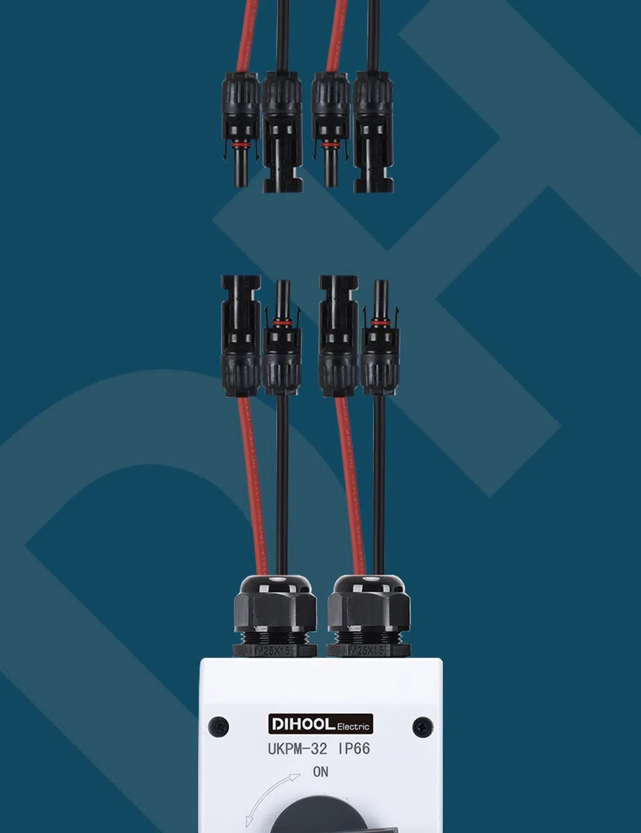 DIHOOL Interruptor de separación CC 2 cuerdas, sistema PV con caja de conexión generador, máquina de fusibles automática 32 A, IP66, interruptor solar, caja de conexiones
