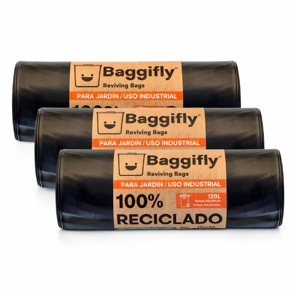 Baggifly, Bolsas de Basura 120L, 30 Bolsas Extra Resistentes, Más de 110kg, 100% reciclades, ECO Friendly, Uso Industrial, Jardín, Obra y Hostelería, Pack 3 x 10, Fabricado en España
