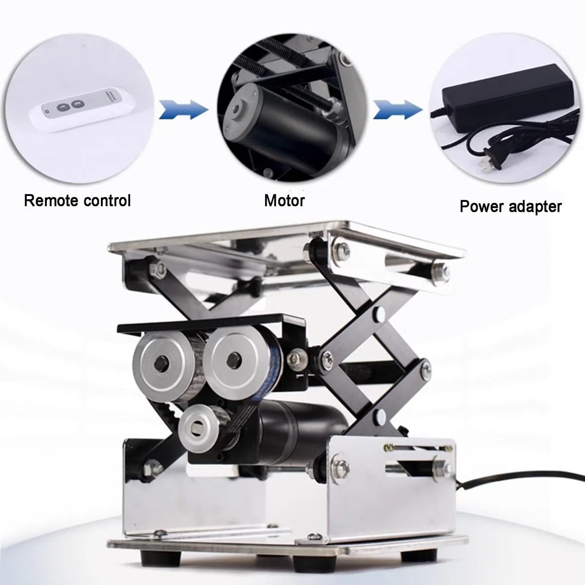 Plataforma elevadora eléctrica con mando a distancia, capacidad de carga de 10 kg, velocidad de elevación de 60 segundos, ideal para laboratorios escolares y producción, diseño compacto de 20 x 20 cm
