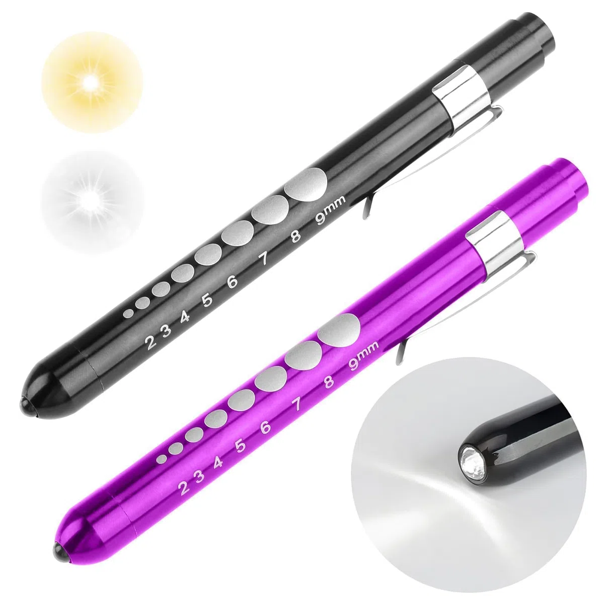 2 Pièces Lampes de Diagnostic Médical, Lampe pupille LED Portátil con Clip de Bolsillo, Luces de Pluma Médicas con 2 Fuentes de Luz LED, Lampe de à LED Réutilisable avec Pupillomètre