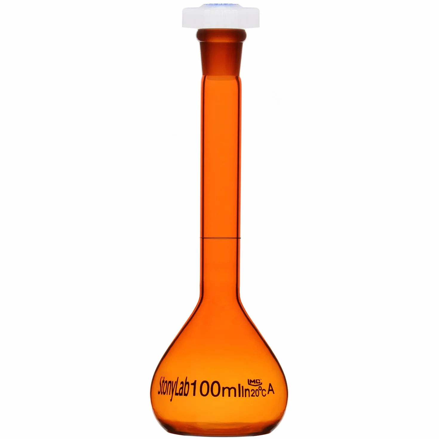 Matraz Volumétrico de Vidrio Clase A 100 ml, Borosilicato Ámbar con Tapón de Vidrio, Tolerancia ±0.10 ml
