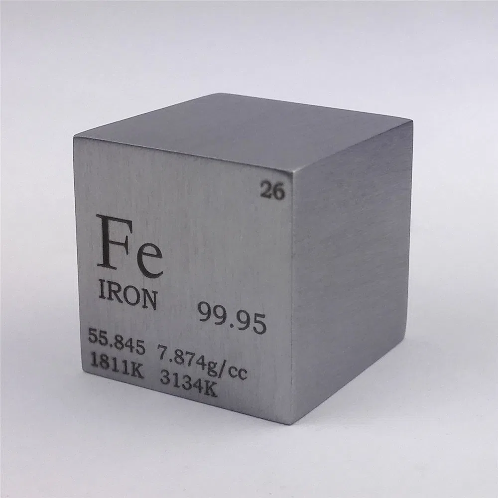 Cubo de metal de hierro puro de 25,4 mm, 128 g, 99,95% grabado, tabla periódica