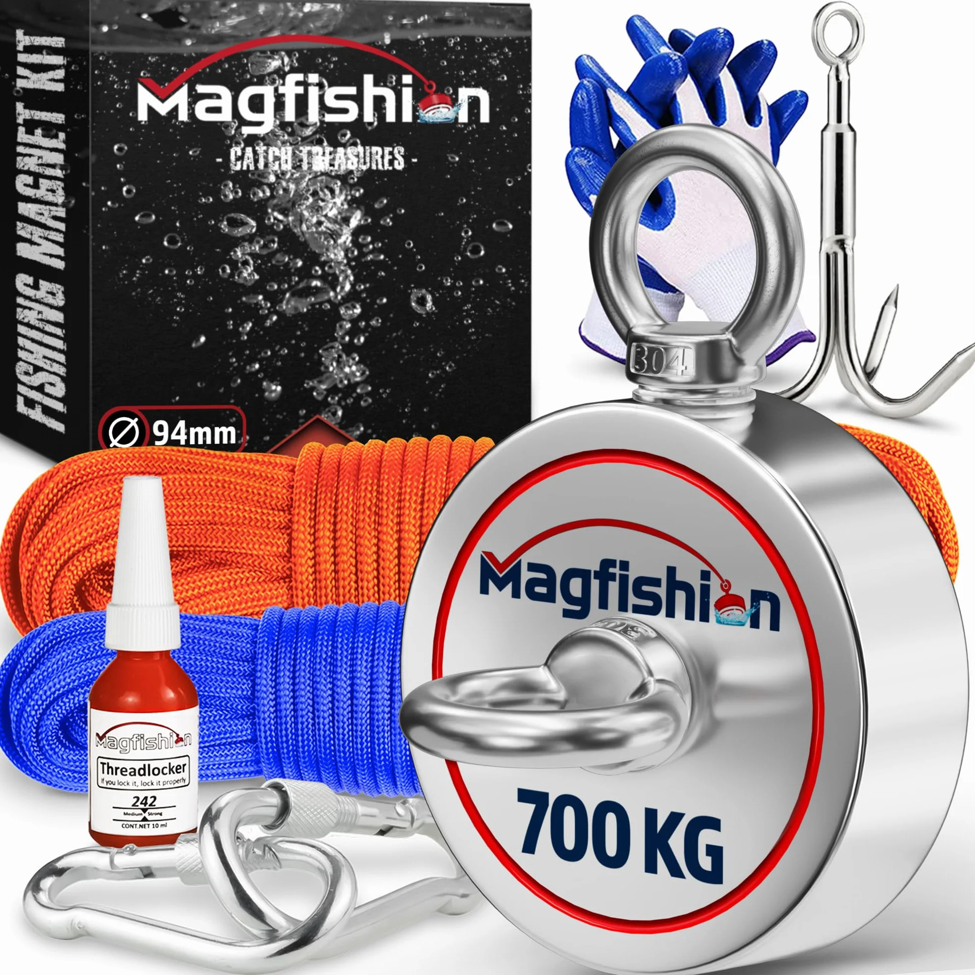 MAGFISHION Juego de Pesca Magnética - Fuerza de Atracción 700KG (2x 350KG) - Ø94mm - Imanes Neodimio Potentes con 2 Cuerdas, Gancho de Grapa y Guantes- Iman de Neodimio