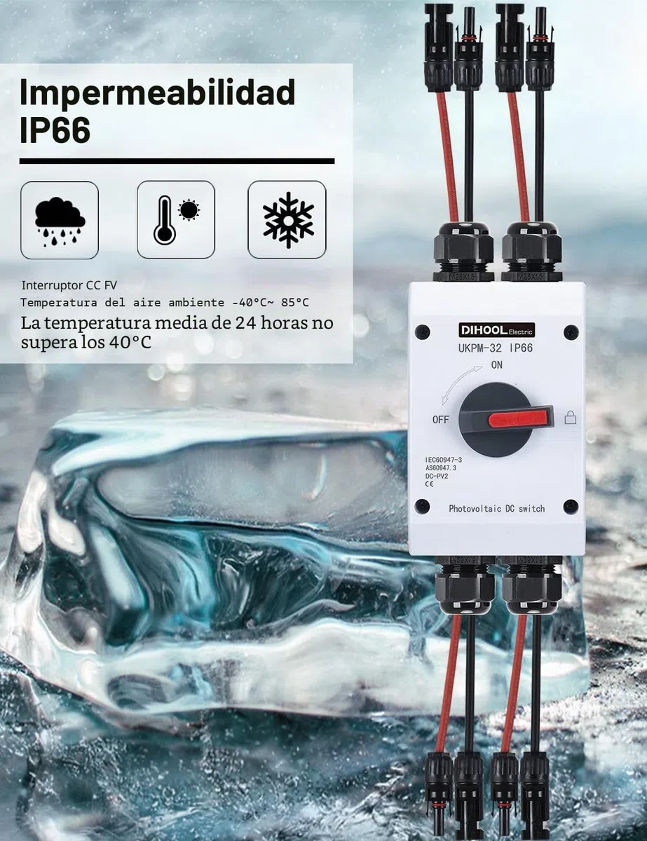 DIHOOL Interruptor de separación CC 2 cuerdas, sistema PV con caja de conexión generador, máquina de fusibles automática 32 A, IP66, interruptor solar, caja de conexiones
