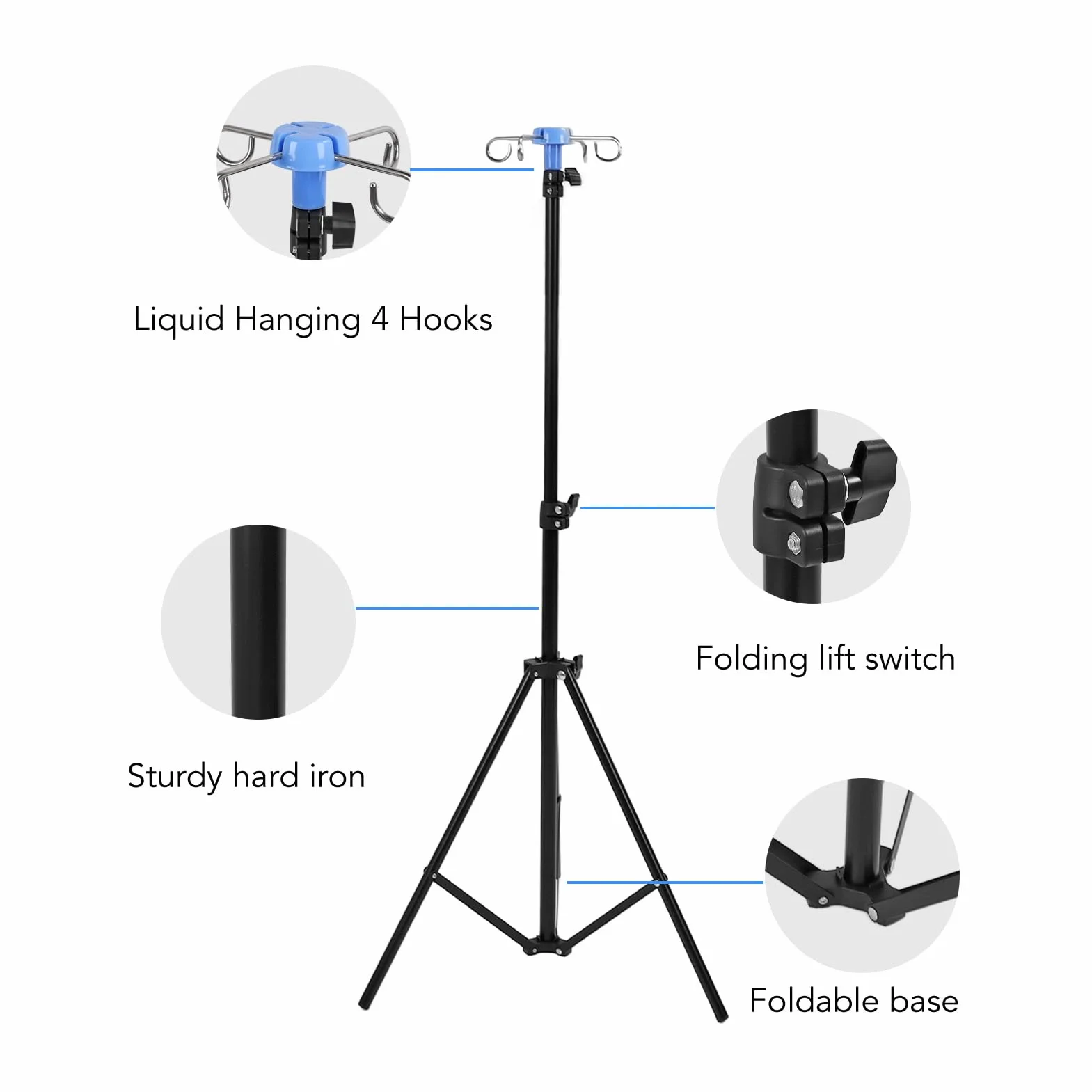 Soporte IV Portátil, Base Trípode Ajustable con 4 Ganchos, Altura Plegable y Material Resistente para Bolsas Intravenosas o Diálisis
