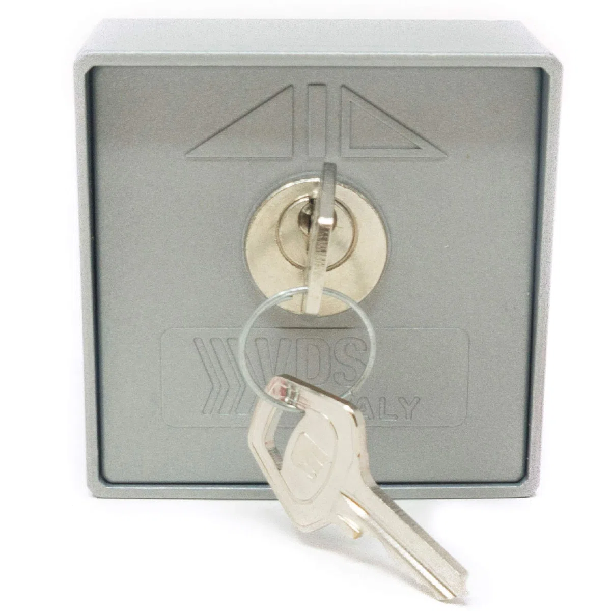 Selector de llave 2 posiciones para puertas automáticas en aluminio y color metal de la marca VDS para accionamiento manual de motores de puertas de garaje y otros automatismos.