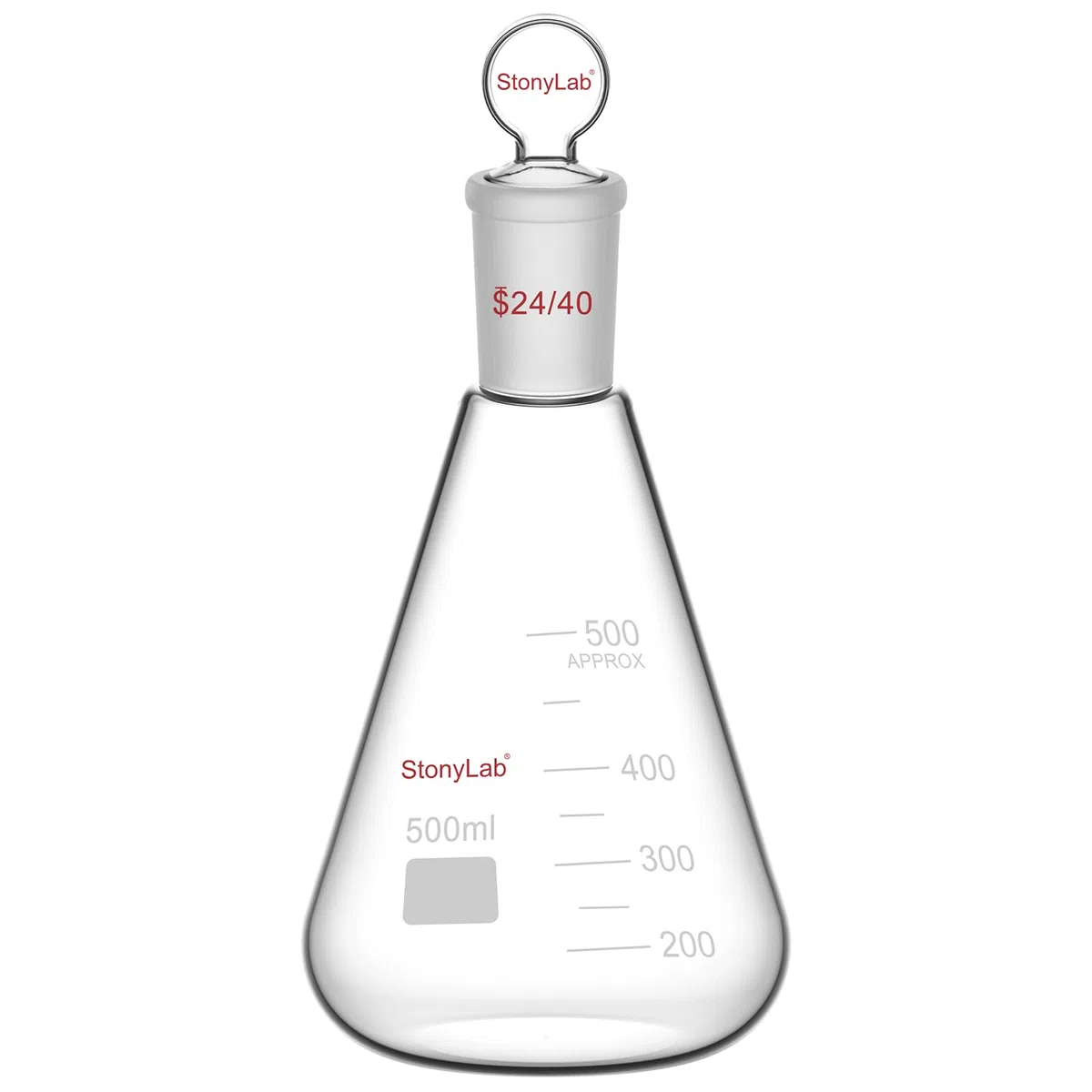 stonylab Matraz Erlenmeyer 24/40 de Vidrio con Tapón, 500 ml Frasco de Pared Gruesa de Vidrio Borosilicato con Junta Exterior Cónica Estándar 24/40 y Tapón de Vidrio