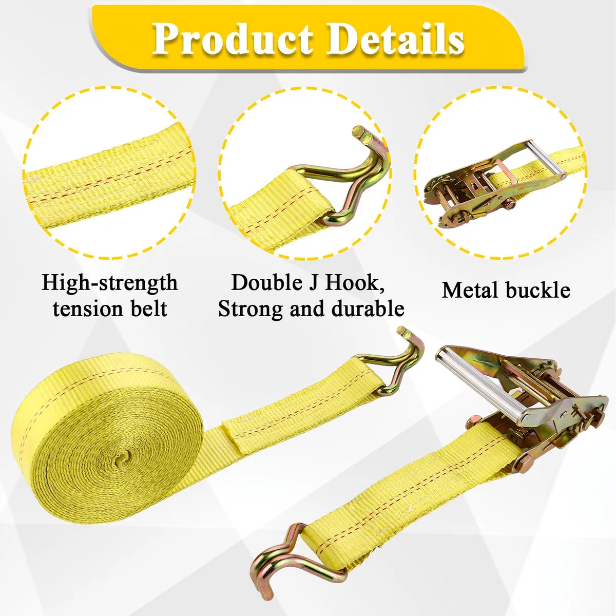 DAJAVE 4 correas tensoras de 50 mm x 8,5 m, 5000 kg con trinquete y gancho, correa de amarre resistente para motocicletas, correas de amarre para asegurar la carga