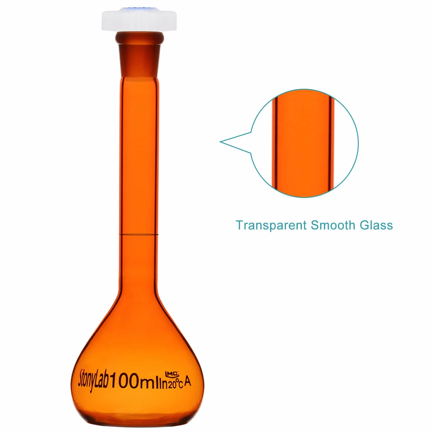 Matraz Volumétrico de Vidrio Clase A 100 ml, Borosilicato Ámbar con Tapón de Vidrio, Tolerancia ±0.10 ml