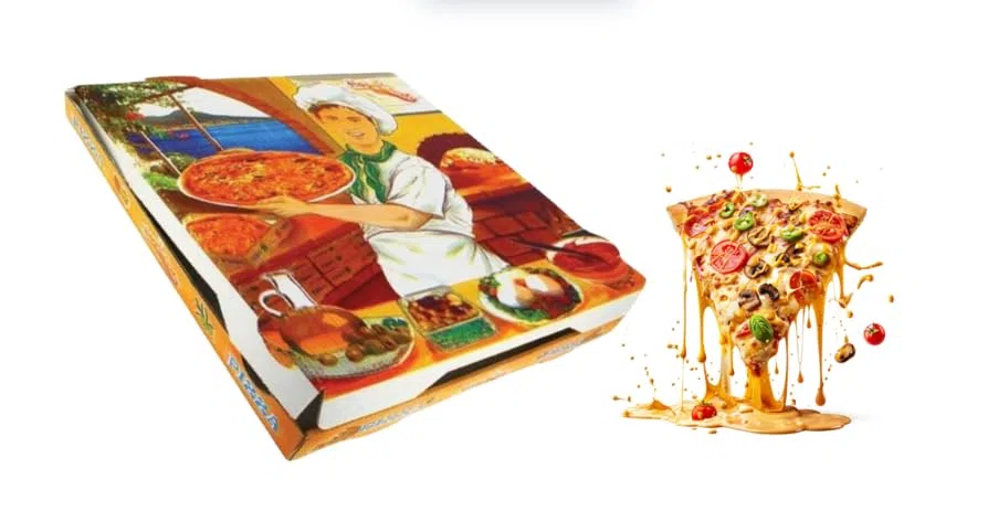 Caja para pizza con diseño, Kraft, Cartón microcanal compostable, 100 unidades, disponible en medidas S, M, L, XL, Ideales para delievery, takeaway (400x400x35)